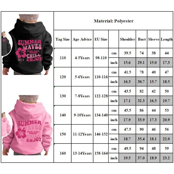 Flickor Grafisk Hoodie Rosa Palm Puff Bokstav Tryckt Tröja Casual Långärmad Dragkedja Huvtröja Tröja Med Fickor Black 110cm