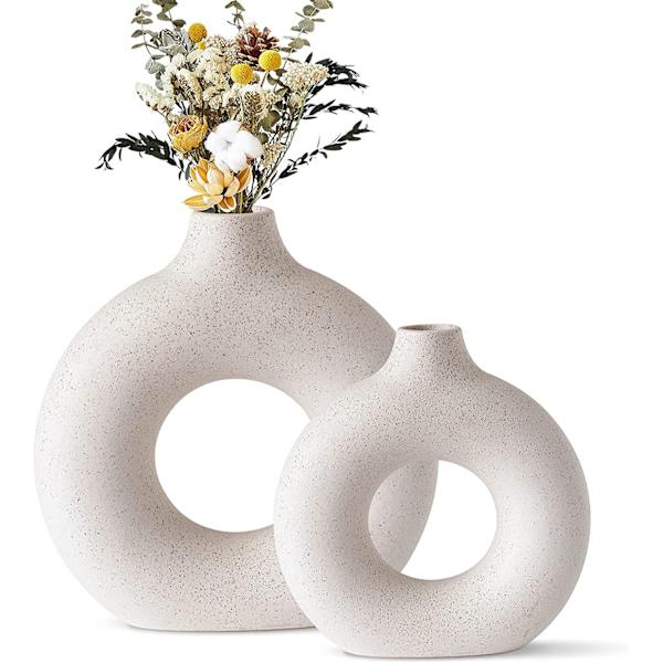 Keramisk vas, mjölkvit matt dekorativa vaser, handgjord rund vas, kreativ handgjord torkad blomsterbehållare, heminredning för kontor (set om 2)