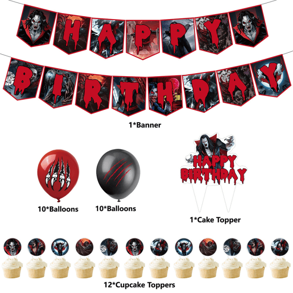 Födelsedagsdekoration Ballonger Tårtlock Grattis på födelsedagen-Banner Röd Svart Morbius