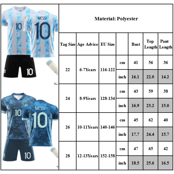 Fotbollsträningsdräkt Fotbollströja set för barn pojkar Messi 10 Argentina Away 8-9 år = EU 128-134