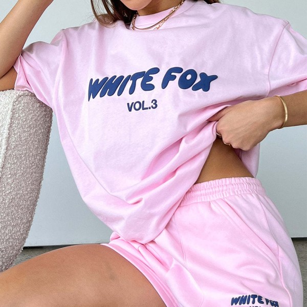 Sommar Vit Räv Träningsoverall Kvinnor 2PCS T-Shirt Shorts Casual Toppar Byxor Outfits Pink S