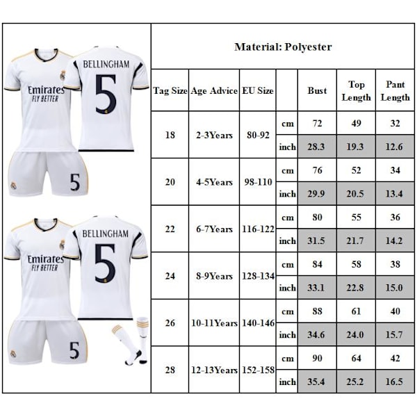 23-24 Real Madrid Hemmatröja Barn Fotbollströja Kit #5 Bellingham Fotbollsdräkter Pojkar Träningsdräkt 28
