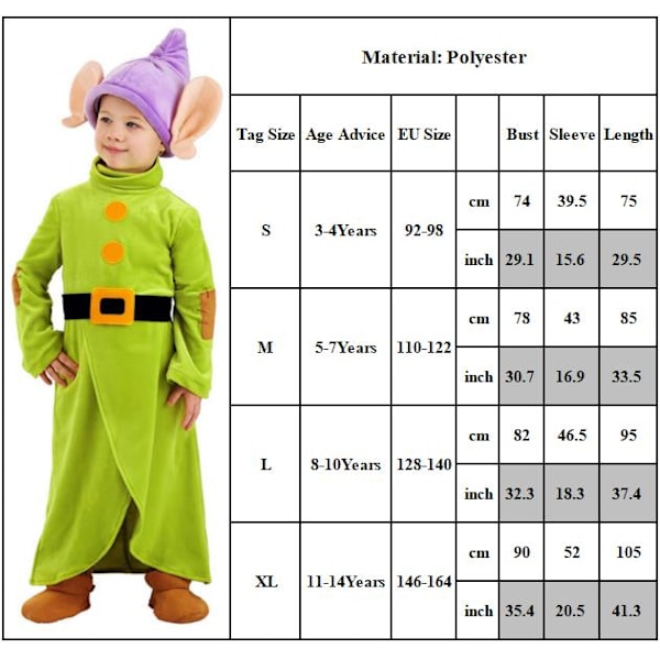 Barnens Dopey-kostymer Disney Snövit och de sju dvärgarna Jumpsuit Cosplay Dopey Halloween Cosplay M