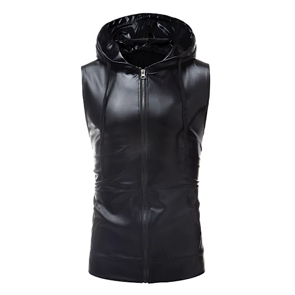Herrar Glittrande Sekvens Zip Up Ärmlös Huvad Väst T-shirt Slim Fit Tee Shirt 70-tal Disco Toppar för Nattklubb Party Black L