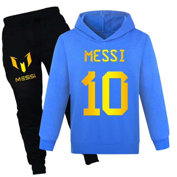 Barns Messi fotbollshuvtröja träningsset tröja huvtröja + byxor outfit set presenter Dark blue 150cm