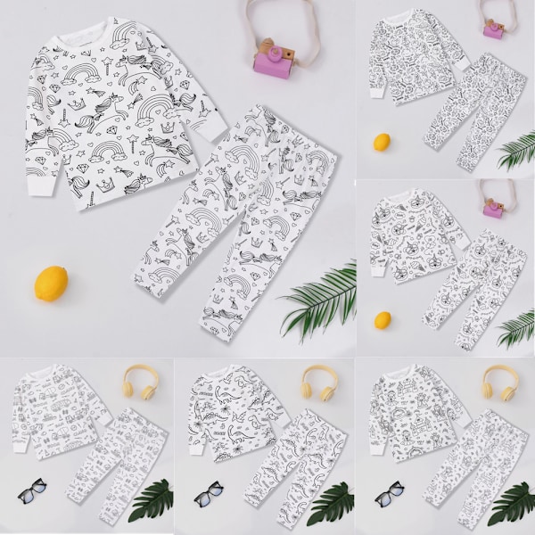 Barnens DIY Handmålade Färgbara Pyjamas Set Pojkar Flickor Färg Pyjamas med Markörer Rolig Färg Mig 2-Delar Set C 4T