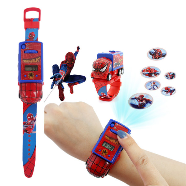 Kids Superhero Digital Watch 6 bilder Pull-Back Truck Projection Toy Watch Gåvor Spider Man
