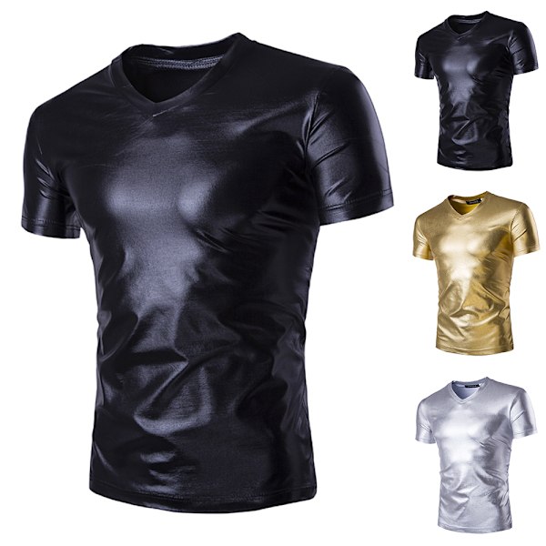 Herrar Blanka Henley T-shirts Kortärmad Slim Fit Tee Shirt 70-tal Disco Toppar för Nattklubbspartay Black M