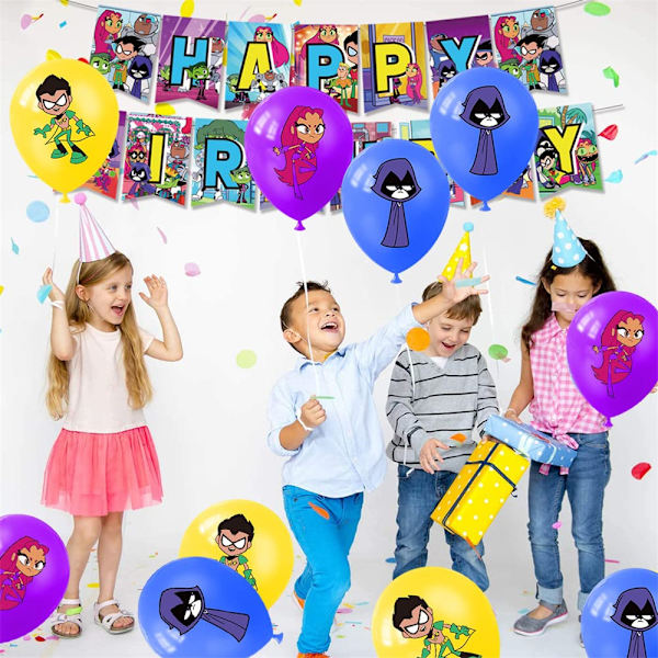 Teen Titans Go Tema Födelsedagsfest Banner Cupcake Ballong Tårta Dekor Topper Set
