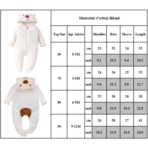 Nyfödd Baby Boy Girl Kids Bear Hooded Romper Jumpsuit Bodysuit 60cm