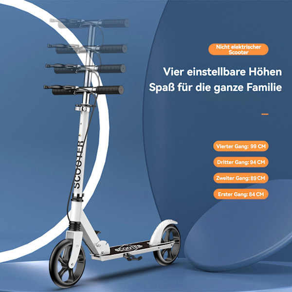Hopfällbar sparkcykel för vuxna, justerbar höjd, med handbroms PU-hjul barnpresenter, vit