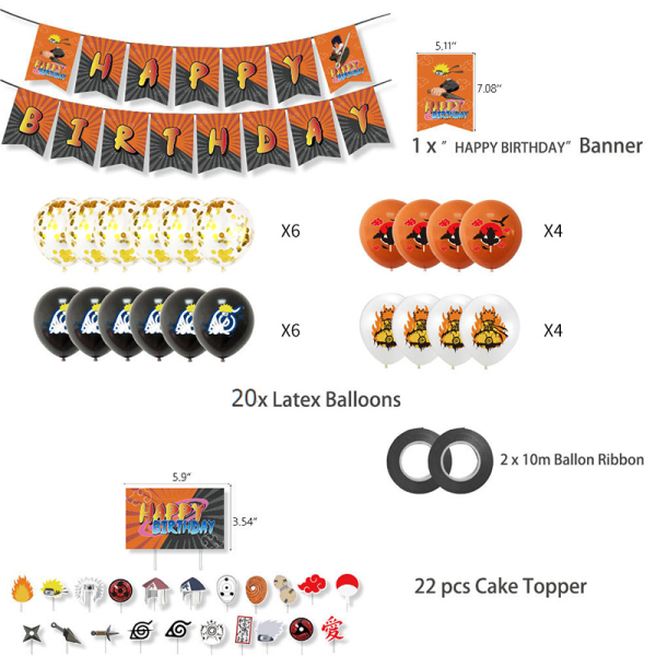 Födelsedagsdekoration Ballonger Tårtlock Grattis på födelsedagen-Banner Orange Vit Svart Guld Anime Naruto