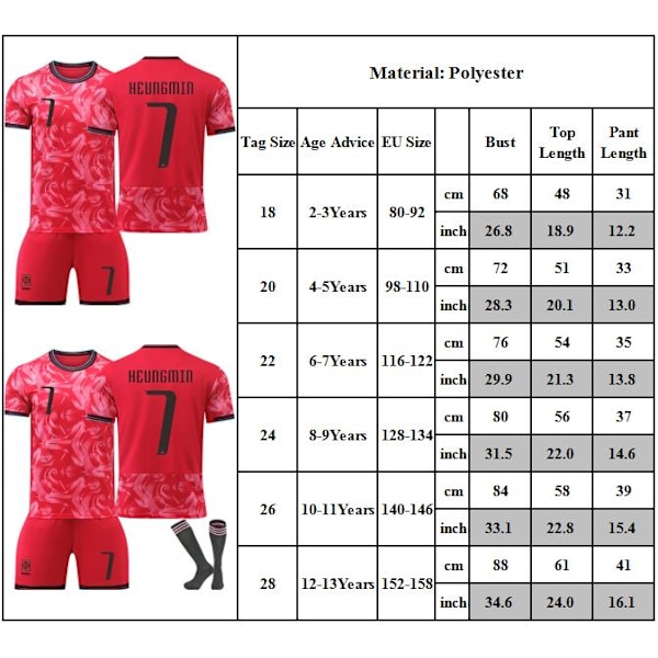 2024-2025 Sydkorea Hemma Tröja No.7 HEUNGMIN Barn Fotbollströja, Barn Tröjor Med Strumpor Fotbollströja Set 26