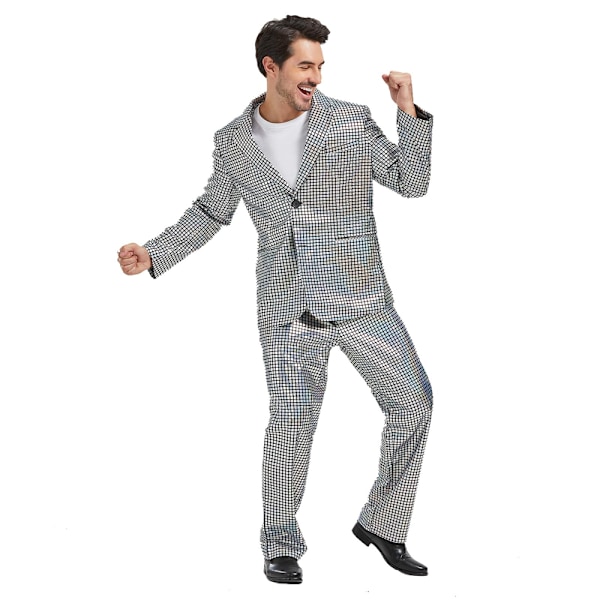 Herrar Glittrande Kostymer Disco Sekvens Blazer och Byxor 2-Delade Set för Fest Bal Slank Passform Enkelknäppt Smoking Blazer Set Silver M