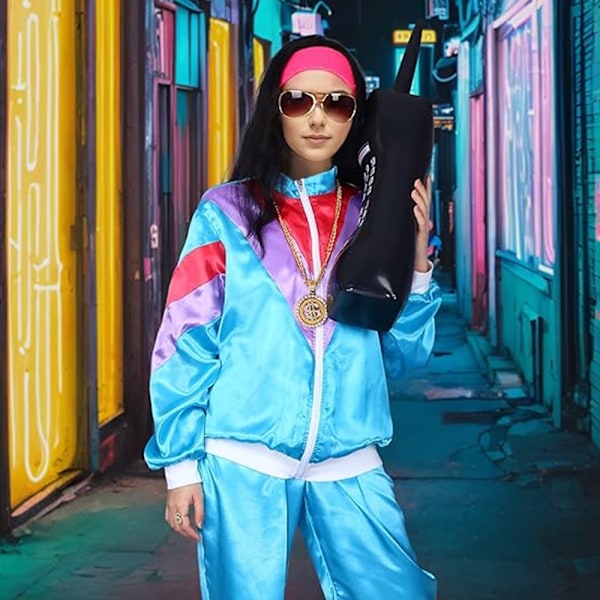 Kvinna Man Retro 70-tal 80-tal Hip Hop Rock Par Kostym Set Spårkostym Fest Klä Upp Blue L