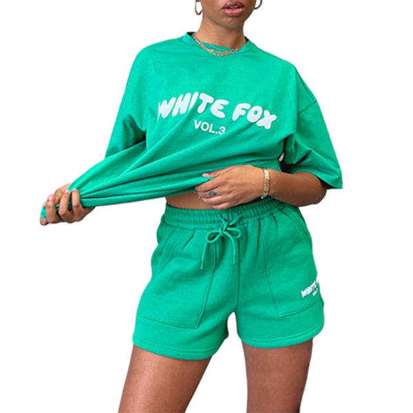 Sommar Vit Räv Träningsoverall Kvinnor 2PCS T-Shirt Shorts Casual Toppar Byxor Outfits Green L