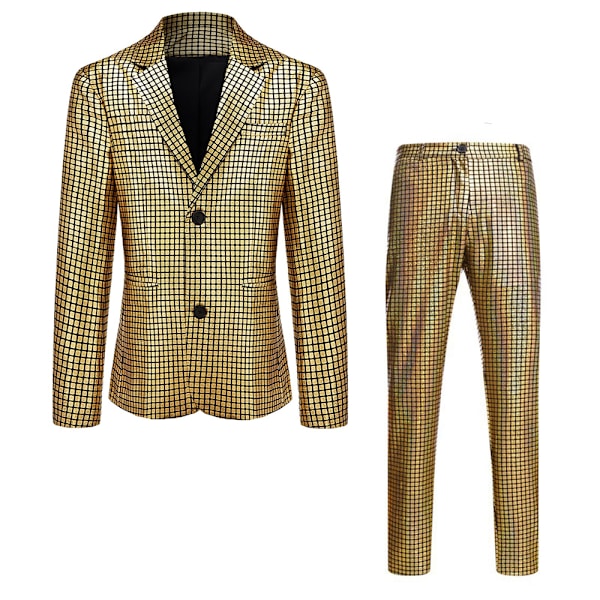 Herrar Glittrande Kostymer Disco Sekvens Blazer och Byxor 2-Delade Set för Fest Bal Slank Passform Enkelknäppt Smoking Blazer Set Gold M