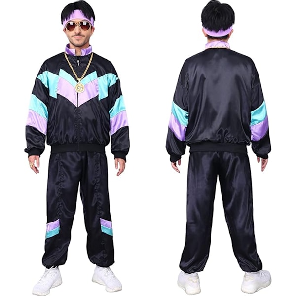 Kvinna Man Retro 70-tal 80-tal Hip Hop Rock Par Kostym Set Spårkostym Fest Klä Upp Black XL
