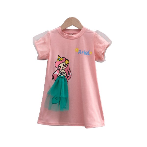 Sommar Mesh Puff Sleeve T-shirt Klänning Princess Printed Kids Girl Rosa 6-7 år = EU 116-122
