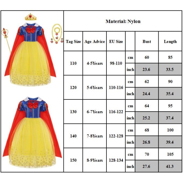 Barnflickor Snövit Princess Dress Princess Cosplay Kostym Fancy Dress Party 110cm