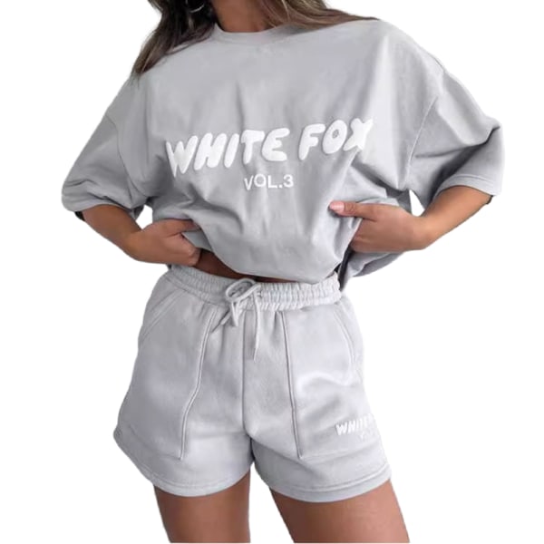Summer White Fox Träningsoverall Dam 2ST T-shirt Shorts Casual Toppar Byxor Outfits Light grey S