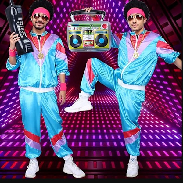 Kvinna Man Retro 70-tal 80-tal Hip Hop Rock Par Kostym Set Spårkostym Fest Klä Upp Blue 2XL