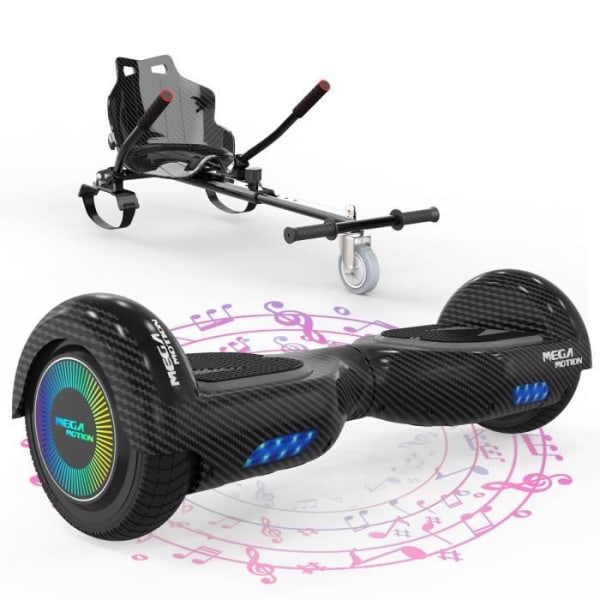 MEGA MOTION Black Hoverboard och Black Kart Pack, 2 hjul Hoverboard 6,5" LED-lampor med Bluetooth-högtalare