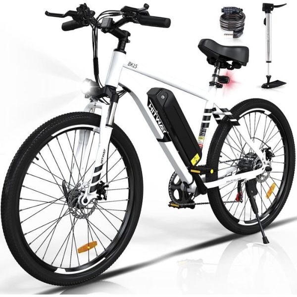 HITWAY Elcykel 26" vit, E-cykel med löstagbart 36V/12AH batteri, Shimano 7-växlad, MTB City E-Bike