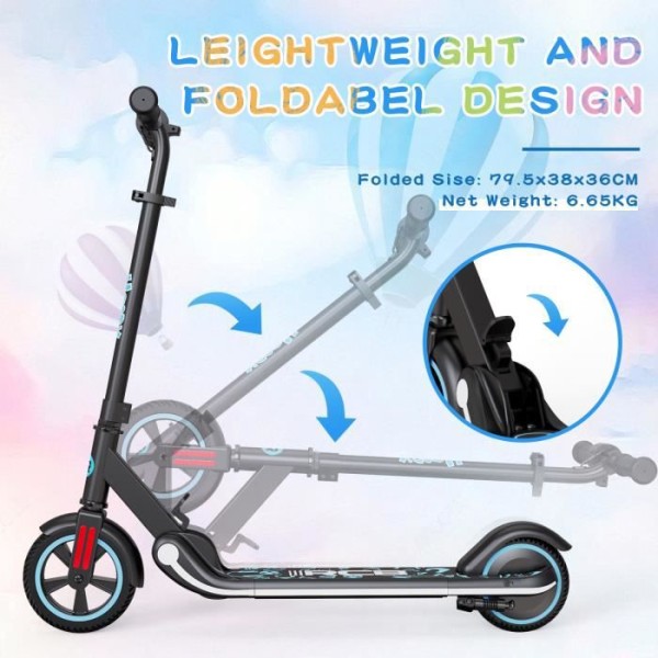 RCB Folding Electric Scooter - LED-skärm - Färgglada neonljus - Justerbar höjd och hastighet - För barn i åldrarna 6-12
