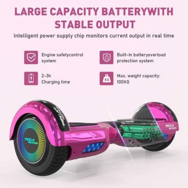 MEGA MOTION Hoverboard 6,5" Rosa - två hjul med Bluetooth-högtalare - med LED-lampor för barn