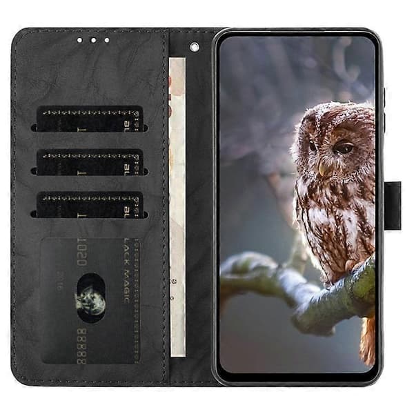 Compatible Case for iPhone 16th Owl Printed PU Leather Wallet Phone Case with Wrist Strap Black