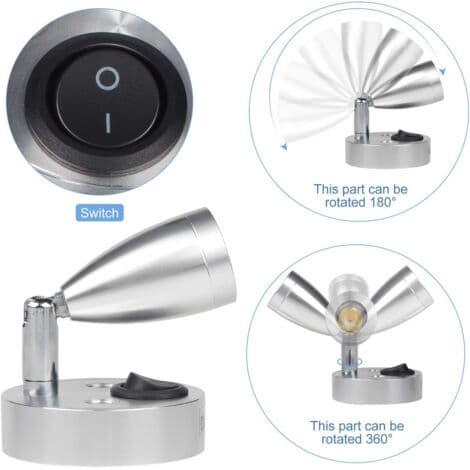 12V LED Reading Light – 2 x 3W 220lm LED Bulbs 3000K Warm White Light Rotating Head for Angle Adjustment Easy Installation with Switch