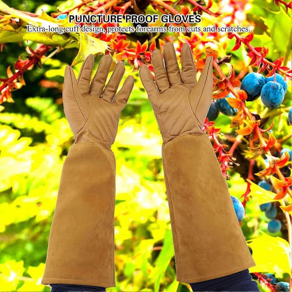 Rose Pruning Leather Garden Gloves Durable Puncture Proof Long Work Gloves (Brown M)