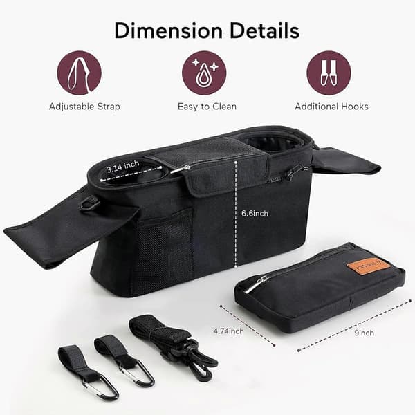 Universal Stroller Organizer with Insulated Cup Holder/Mug Holder, Stroller Bag for Stroller with Zipper Pocket, Shoulder Strap and Storage