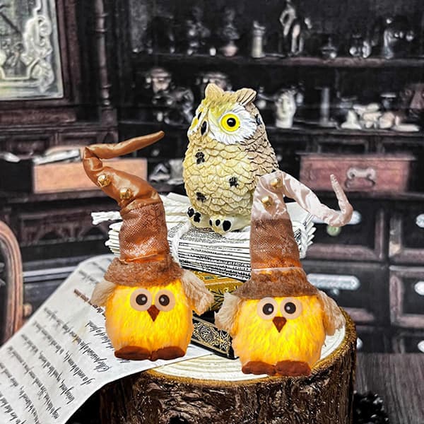 Høstdekorasjon Halloween Nisse Uglefigurer med LED-lys for jule-sofa, soverom, vindusutstilling, gave 2