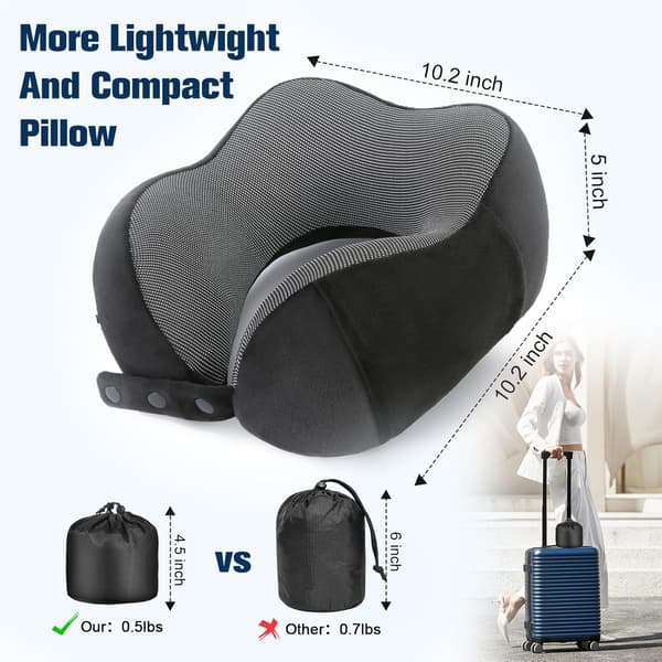 Memory Foam Travel Pillow, Adjustable & Compact Airplane Pillow, Ergonomically Designed, Includes Earplugs, Eye Mask & Storage Bag. black