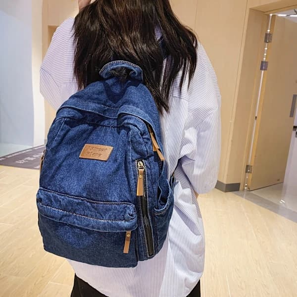 High School Student Backpack Large Capacity Denim Trendy Matching Travel Backpack BLUE-1