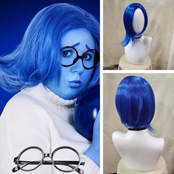 Halloween Inside Ut 2 Sadness Peruk Cosplay Kort Blå Bob Rak Hårperuk