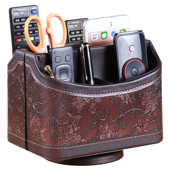 360° Rotating Remote Control Holder, PU Leather TV Remote Control Desk Organizer with 5 Compartments for TV, DVD, Blu-Ray