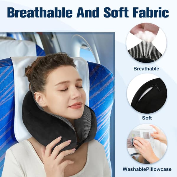 Memory Foam Travel Pillow, Adjustable & Compact Airplane Pillow, Ergonomically Designed, Includes Earplugs, Eye Mask & Storage Bag. black