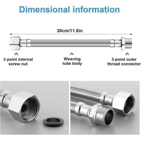 2 stycken flexibla anslutningsslangar för kranar, för badrum, toalettkranar, diskbänk, vatteninloppsslangar (30 cm)