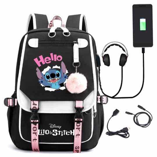 Stitch USB Charging Backpack for Students, Waterproof Canvas School Bag with 15-inch Laptop Compartment and Adjustable Straps BLACK BLACK A