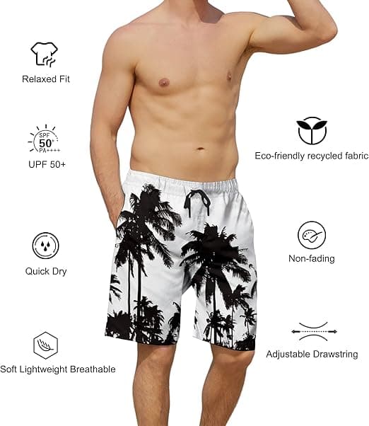 【BEMS】Men's Swim Trunks, Summer Quick Dry Beach Shorts with Side Pockets & Mesh Lining - L - Black