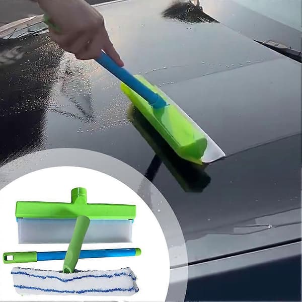 Recyclable Silicone Window Scraper Kit, Reusable Glass Cleaning Tools with Silicone Scraper and Microfiber Scrubber for Car Glass Blue