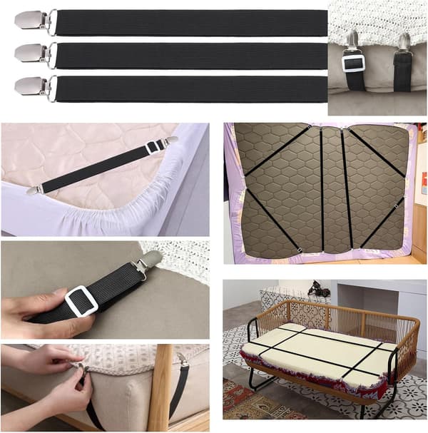 8 Pieces Sheet Clips, Adjustable Sheet Holders, High Elastic Fitted Sheet Straps with Clips, Sheet Fasteners Max Stretch 120cm, Sheet Holders Black