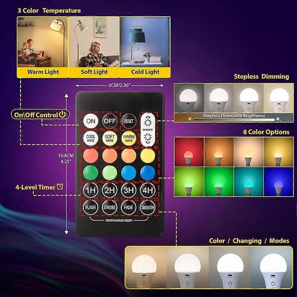 Rechargeable LED Bulb with Remote Control E26 Smart RGB Color Changing Light Bulb Rgb lamp