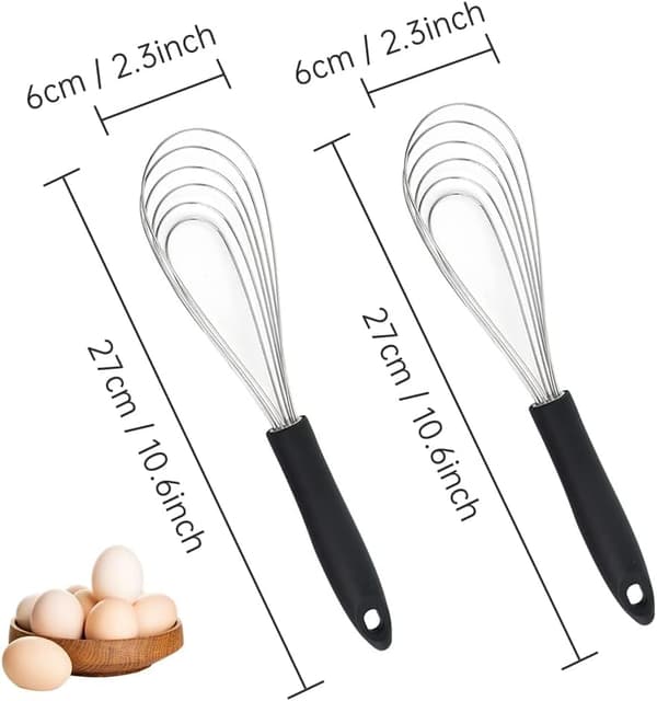 Sett med 2 kjøkkenvisper i rustfritt stål og non-stick silikon, 27 cm visp i rustfritt stål, eggvisp for baking og miksing