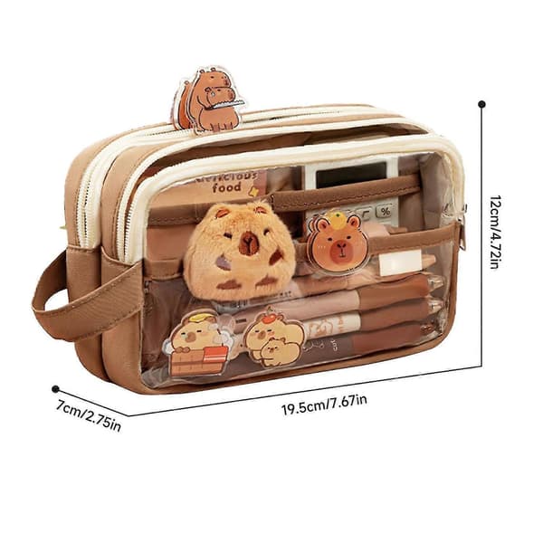 Cute Pencil Case, Transparent Pencil Case, Capybara Large Capacity Pencil Case, Multi-layer Cute Transparent Case with Stickers, Brooch