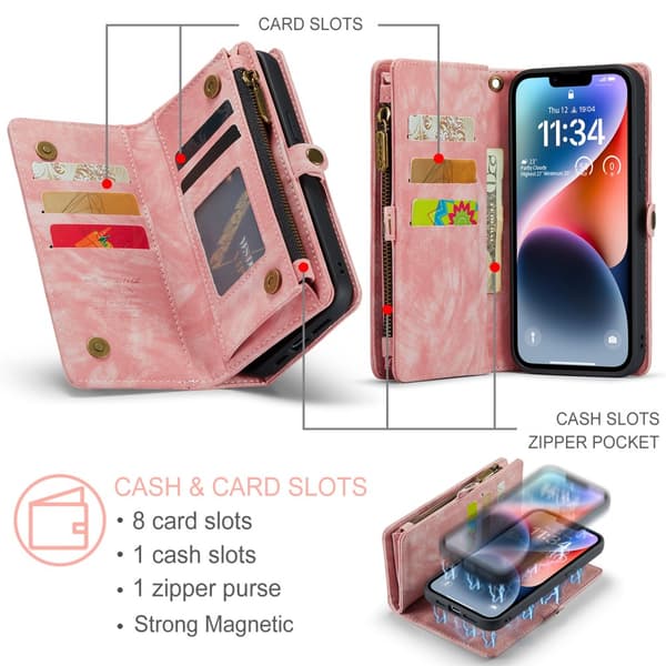 CaseMe Multi-Slot 2-i-1 Plånboksfodral iPhone 15 Rosa