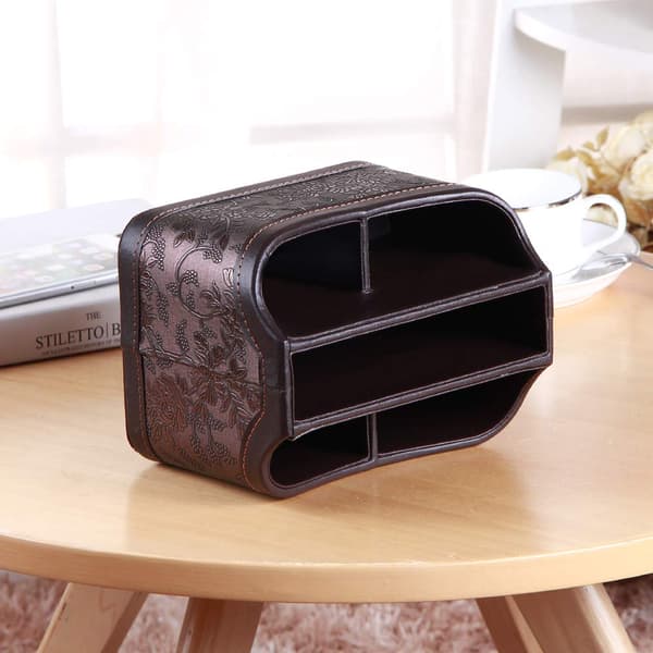 360° Rotating Remote Control Holder, PU Leather TV Remote Control Desk Organizer with 5 Compartments for TV, DVD, Blu-Ray